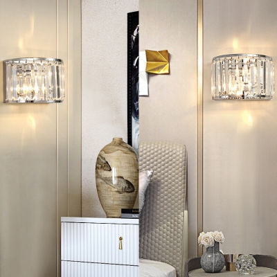 luxurious Drum Wall Light 2 Lights Clear Crystal Wall Sconce in Chrome for Hallway Bathroom