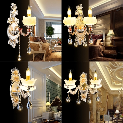 Luxurious Engraved Sconce Light with Glittering Crystal Metal 1/2 Lights Gold Wall Lamp for Living Room