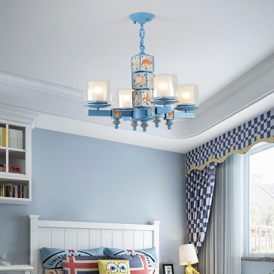 Mediterranean Style Cylinder Chandelier Metal Four Lights Blue Pendant Light for Living Room