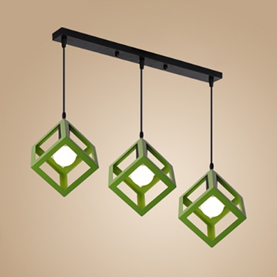 Metal Cube Shade Hanging Lamp 3 Heads Antique Stylish Pendant Light in Blue/Green/Red/Yellow for Balcony