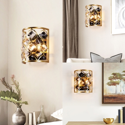 Metal Half-Cylinder Wall Light with Flower Crystal 2 Lights Elegant Style Wall Lamp in Gold for Cafe
