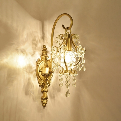 Metal Lantern Sconce Light with Crystal Bead 1 Light Antique Style Wall Lamp in Gold for Foyer Bathroom