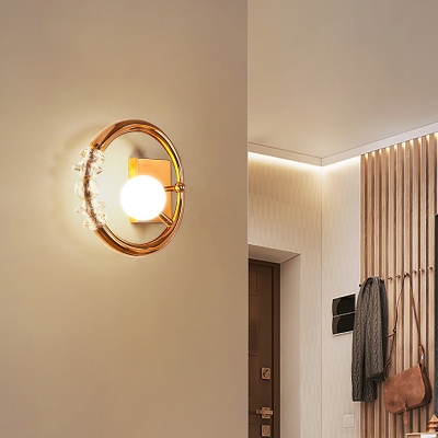 Metal Ring Wall Light with Globe Shade & Crystal 1 Head Modern Style Wall Lamp in Gold