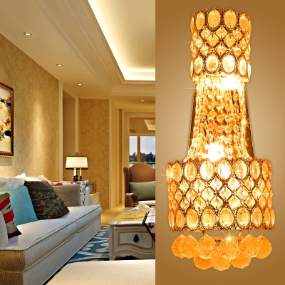 Metal Wall Light with Striking Crystal Hotel Two Lights European Style Wall Sconce in Gold