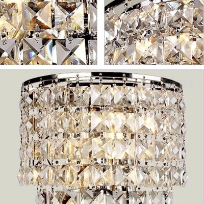 Modern Luxurious Drum Sconce Light Metal Clear Crystal Wall Lamp in Chrome for Hotel Restaurant