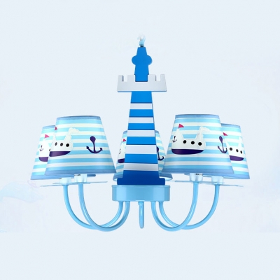 Nautical Style Blue Chandelier Ship 5 Lights Metal Hanging Lamp with Lighthouse for Nursing Room