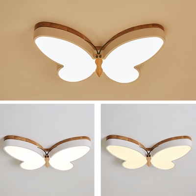 Nordic Pink/White/Yellow Flush Ceiling Light Butterfly Wood Ceiling Lamp for Child Bedroom