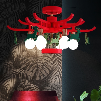 Red/White Deer Chandelier Six Lights Nordic Style Wood Suspension Light for Kids Bedroom