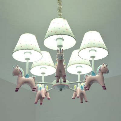 Resin Unicorn Shaped Pendant Light 5 Lights Cartoon Chandelier in Blue/Pink for Nursing Room