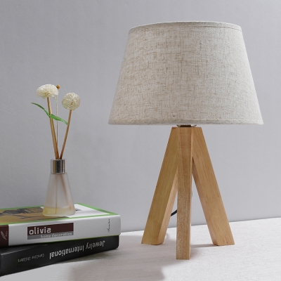Tapered Shade Standing Table Light Asian Style Fabric 1 Light Desk Lamp with Wooden Tripod Base