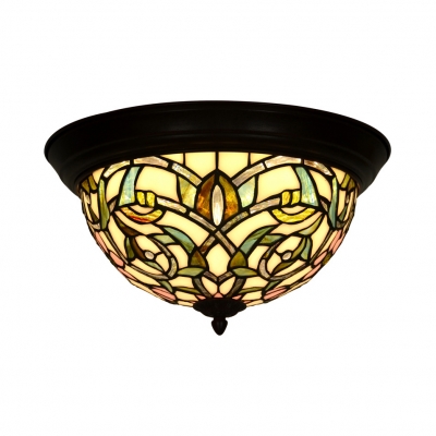 Vintage Tiffany Half-Globe Flush Ceiling Light Stained Glass Green/Red Ceiling Lamp for Cafe