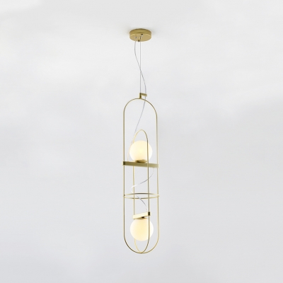 Gold Oval Chandelier with Globe Shade 2 Lights Modern Style Frosted Glass Pendant Light for Cafe