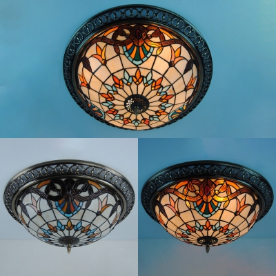 Tiffany Victorian Beige Ceiling Mount Light Bowl Shade 4 Lights Stained Glass Ceiling Fixture for Dining Room
