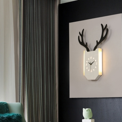 Wood Clock Shaped Wall Light with Antlers Living Room Modern Stylish Warm/White Lighting Sconce Lamp in Beige/White