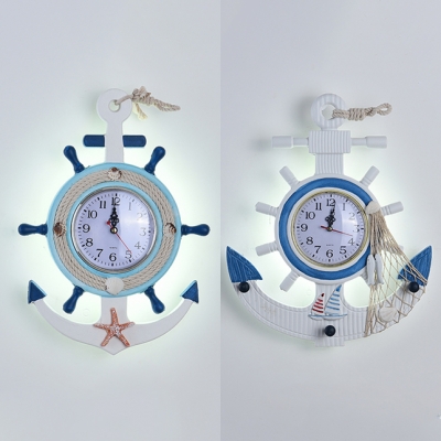 Rudder Shape Kid Bedroom Wall Light with Clock Resin Nautical Style Sconce Light in Blue