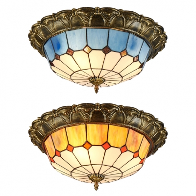 Art Glass Dome Flush Ceiling Light Traditional Tiffany Ceiling Lamp In