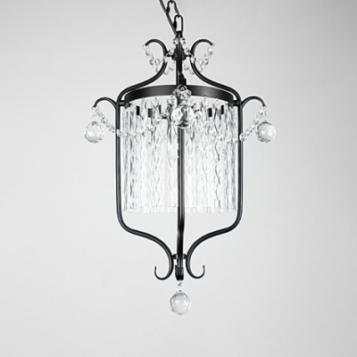Bird Cage Balcony Pendant Light with Crystal Deco Wrought Iron Country Chandelier in Black/White
