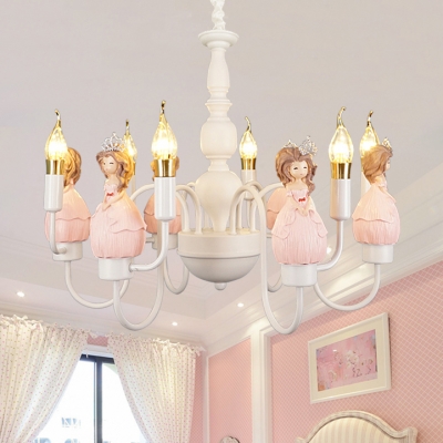 Candle Girls Bedroom Chandelier with Princess 6 Lights Modern Lovely Pendant Light in White