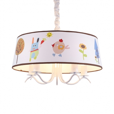 Cartoon Animal Pendant Light with Drum Shade 3/5 Heads Fabric Chandelier in White for Kid Bedroom