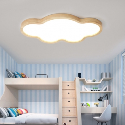 Cartoon Beige LED Ceiling Light Cloud Shape Wood Stepless Dimming Flush Mount Light for Study Room