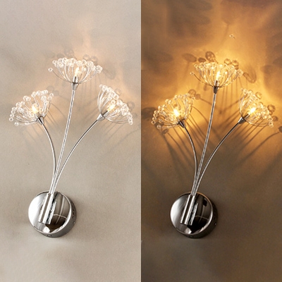 Chrome Dandelion LED Sconce Light 3 Heads Rustic Style Metal Wall Light with Crystal for Stair