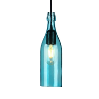 1 Light Wine Bottle Hanging Light Vintage Glass Pendant Light in Blue/Purple/Red/Yellow for Restaurant