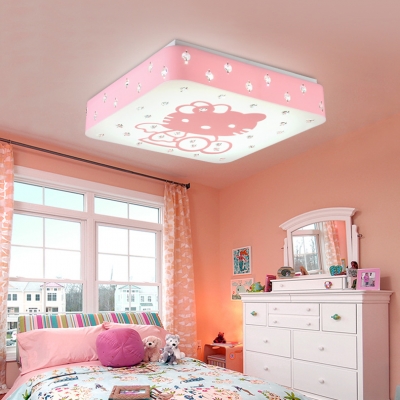 Kitten Third Gear/White Ceiling Light Cartoon Acrylic LED Flush Light with Crystal Bead in Blue/Pink for Kid Bedroom