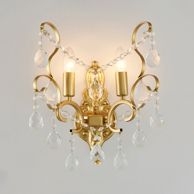 Metal Candle Wall Sconce with Clear Crystal 1/2 Lights Traditional Sconce Lamp in Gold for Cafe