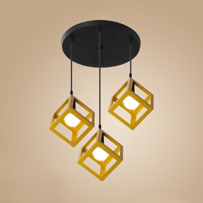 Metal Cube Cage Pendant Light Restaurant Three Lights Retro Loft Pendant Lamp in Blue/Green/Red/Yellow