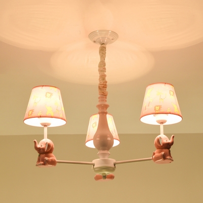 Resin Elephant Suspension Light with Tapered Shade 3/5/6/8 Lights Animal Chandelier in Pink