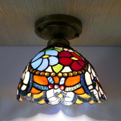 Stained Glass Plant Ceiling Mount Light with Bowl Shade Hallway 1 Light Vintage Tiffany Ceiling Fixture