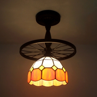Traditional Blue/Green/Orange Ceiling Lamp Grid Bowl 1 Light Art Glass Semi Ceiling Mount Light with Wheel for Corridor
