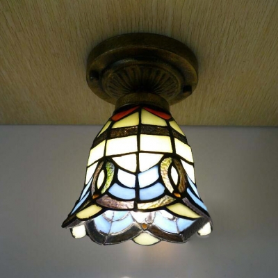 Traditional Tiffany Ceiling Lamp with Bead/Flower/Mediterranean Single Head Glass Flush Light for Foyer