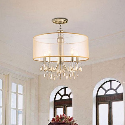 Vintage Candle Chandelier with Fabric Drum Shade & Crystal 5/8 Lights Metal Pendant Light in Champagne for Dining Room