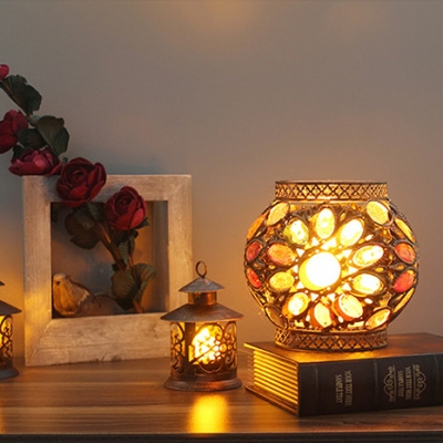 1 Head Lantern Table Light Turkish Moroccan Metal Brass/Copper Table Lamp with Crystal for Restaurant