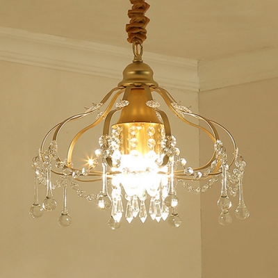 Classic Gold Pendant Light Melon Cage 1/3 Lights Metal Chandelier with Crystal for Foyer Bedroom