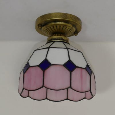 Art Glass Lattice Domed Ceiling Lamp Dining Room 1 Light Vintage Tiffany Flush Mount Light