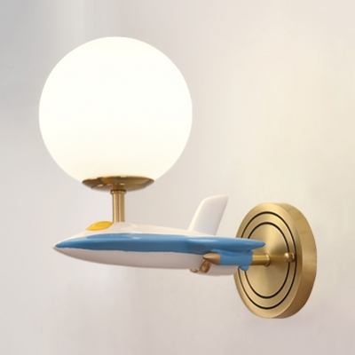Glass Orb Wall Sconce with Resin Airplane 1 Head Modern Style Sconce Light in Blue/White for Kid Bedroom
