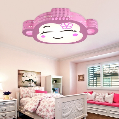 Cartoon Monkey LED Flush Mount Light Metal Stepless Dimming/Warm/White Ceiling Fixture for Girls Bedroom