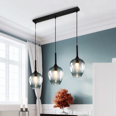 Black Finish Linear Pendant Lamp Post Modern Glass Shade 3-Head Hanging Light Fixture in Multi Colors