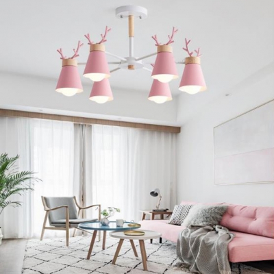 Candy Colored Antlers Chandelier 3/6 Lights Nordic Style Wood Hanging Light for Child Bedroom