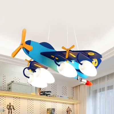 Cartoon Lovely Blue Pendant Light Propeller Airplane 4 Heads Wood Hanging Light for Child Bedroom