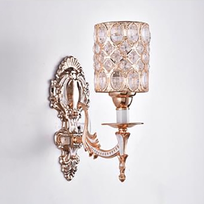 Cylinder Shape Carved Wall Lamp Luxurious Metal Sconce Light with Crystal Deco for Hotel Cafe