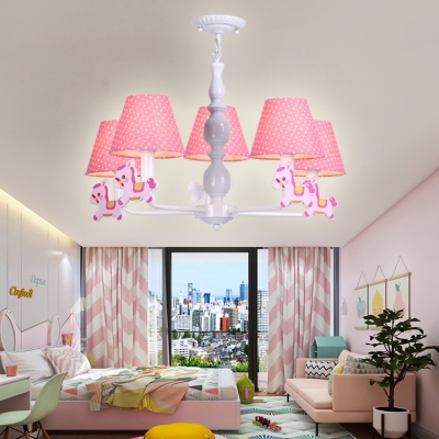 Fabric Dot Shade Hanging Light with Horse Child Bedroom 3/5 Lights Cartoon Chandelier in Blue/Pink