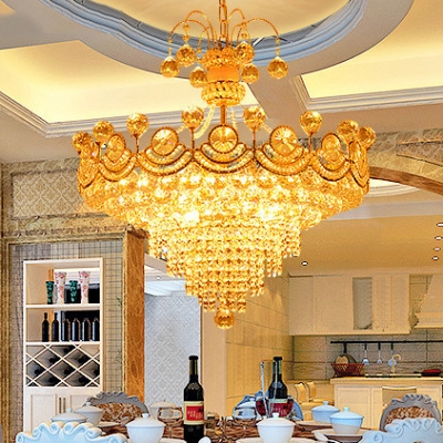 Glittering Crystal Cone Pendant Light Hotel Villa European Style Chandelier in Gold Finish
