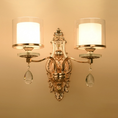 Gold Curved Body Wall Light 2 Lights Luxurious Metal Sconce Light with Cylinder Shade & Crystal for Hotel