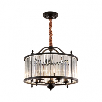 Metal Candle Suspension Light with Crystal Shade 3/5 Lights American Rustic Chandelier in Black for Villa