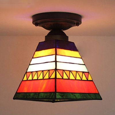 Pink/Orange Craftsman Flush Mount Light 1 Bulb Tiffany Rustic Stained Glass Ceiling Light for Cafe