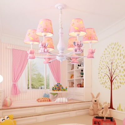 Resin Elephant Suspension Light with Tapered Shade 3/5/6/8 Lights Animal Chandelier in Pink