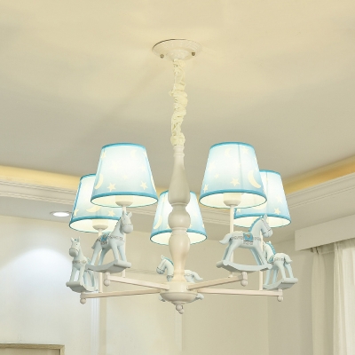 Resin Horse Ceiling Pendant with Tapered Shade Baby Room 3/5 Heads Nordic Style Chandelier in Blue/Pink